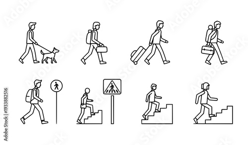 Minimal pedestrian walking outline icons vector illustration set