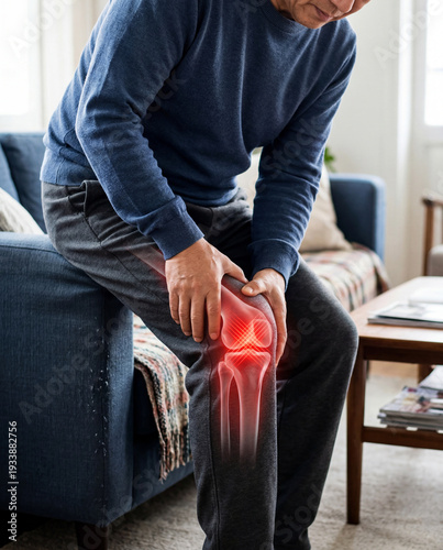 Mature Asian man suffering from knee joint pain with red x-ray bone graphic overlay, male sitting and touching leg feeling ache from osteoarthritis, injury, meniscus or gout inflammation. close up, no