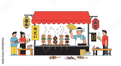 Japanese street food stall with customers enjoying snacks