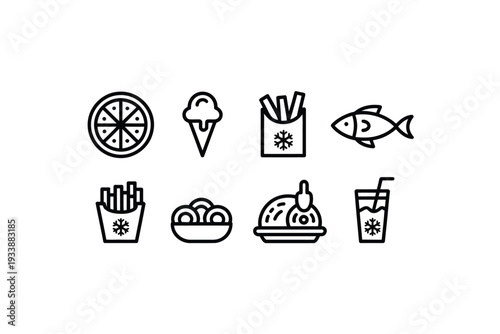 Food icon set with various fast food and snack illustrations