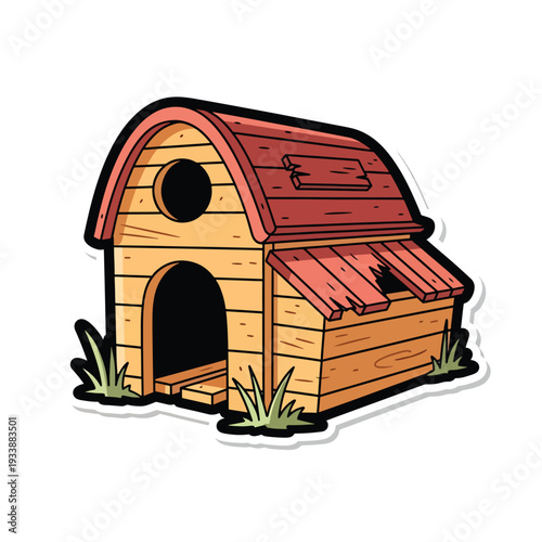 Illustration of a cartoon doghouse with a red roof and wooden structure standing in grassy surroundings