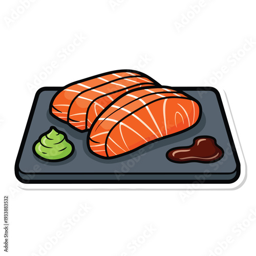 Sushi illustration featuring salmon sashimi on a dark plate with wasabi and soy sauce from a top-down view