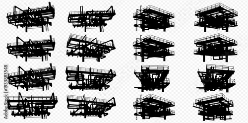 Set of industrial oil rig silhouettes, offshore platform structures, vector illustration of drilling equipment.