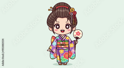 Cute Chibi Geisha in Kimono Holding Fan, Anime Style