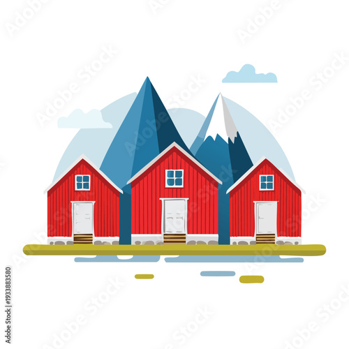 Red cabins amidst stylized mountains and cloudscape