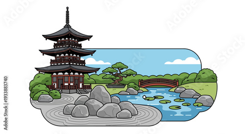 Pixel Art Japanese Garden with Pagoda and Pond