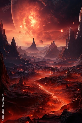 Wallpaper Mural Dramatic Alien Landscape with Volcanic Activity and Multiple Suns Torontodigital.ca