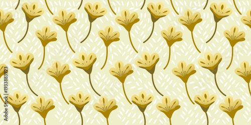 A seamless golden wheat field pattern, featuring vintage floral motifs and swaying yellow leaves in a retro vector illustration style. Perfect for luxurious, summery, tropical fabric wallpapers.