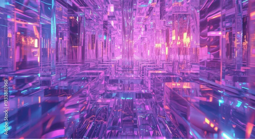 Vibrant neon lit futuristic cityscape with purple and blue hues