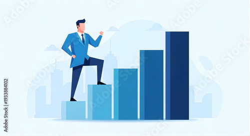 Businessman climbing blue bar graph representing financial growth and career progress.