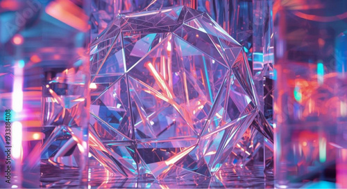 Vibrant crystal formation with neon pink and blue reflections