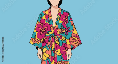 Colorful floral kimono robe on blue background