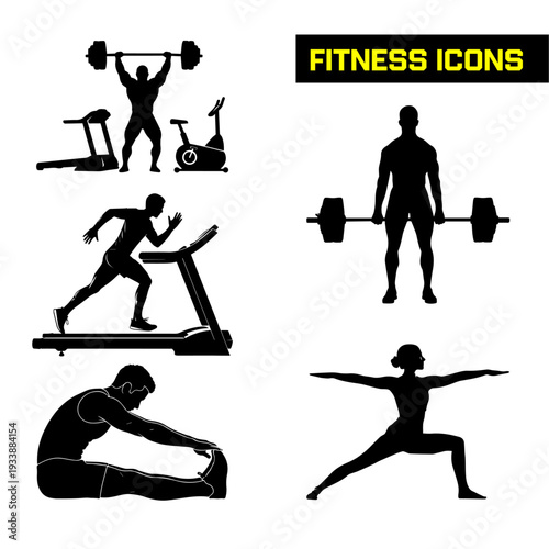 Fitness icons show workout poses isolated.