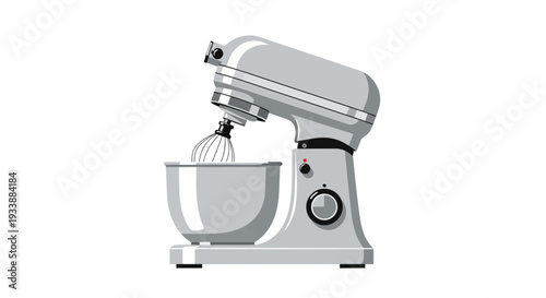 Versatile silver stand mixer with whisk and bowl, a modern kitchen appliance illustration essential for efficient baking and food preparation, perfect for home cooking enthusiasts