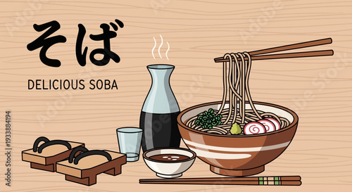 Delicious Soba Noodles Japanese Food with Chopsticks and Soy Sauce