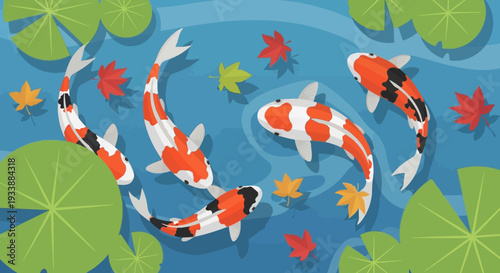 Koi Fish Swimming in Pond with Lily Pads and Autumn Leaves