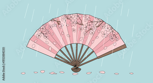 Pink Cherry Blossom Fan in Rain