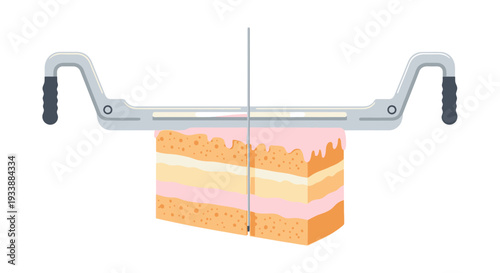 A wire cake cutter slicing a layered cake with pink and cream frosting on a white background
