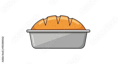 A delightful illustration of a freshly baked golden brown loaf of bread nestled in a classic metal baking pan, perfect for a heartwarming meal or kitchen design elements