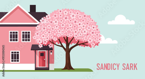 Pink House and Cherry Blossom Tree in Spring