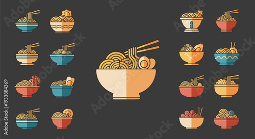 Ramen Noodle Bowl Icons Set - Japanese Food Vector Illustration