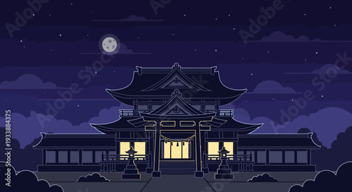 Pixel Art Japanese Temple at Night with Full Moon