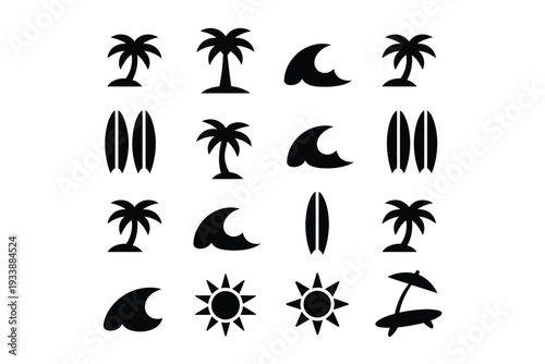 Palm tree silhouette icons with surfboard and sun illustrations