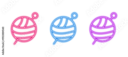 Neon glowing yarn ball vector icons set, craft, knitting, sewing, hobby, handmade, thread, wool, vibrant glowing digital design on transparent background.