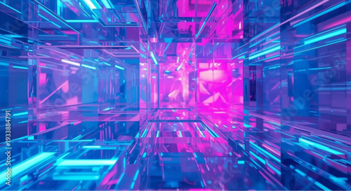 Vibrant neon-lit futuristic tunnel with blue and pink hues