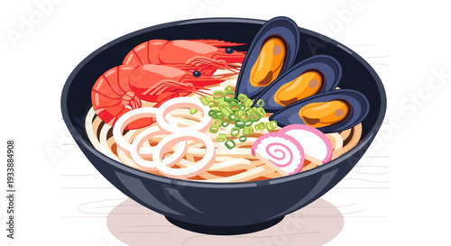 Delicious Seafood Noodle Soup Bowl with Shrimp and Mussels