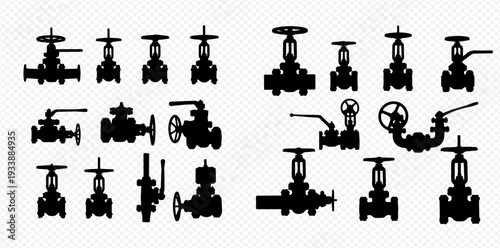Industrial valve silhouettes set for pipeline control and fluid regulation.