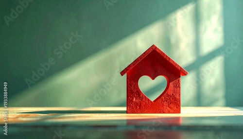 A small red wooden house with a heart-shaped cutout, placed on a wooden surface with soft natural lighting. This image evokes feelings of warmth, love, and homee