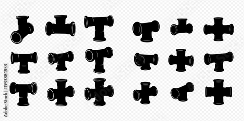 Set of black pipe fittings, T-pipe and cross pipe connectors, vector illustration on transparent background.