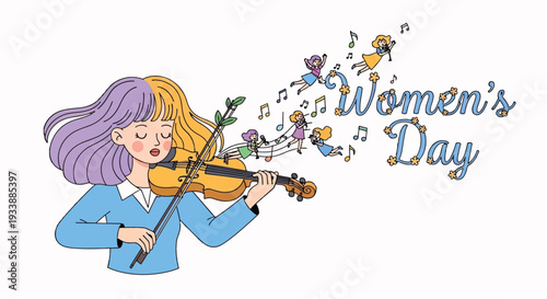 Womens Day Celebration with Violinist and Floating Figures