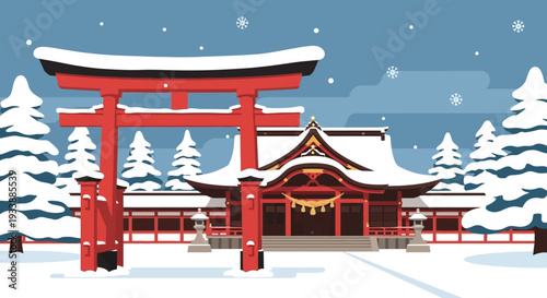 Japanese Shrine Torii Gate in Snowy Winter Landscape