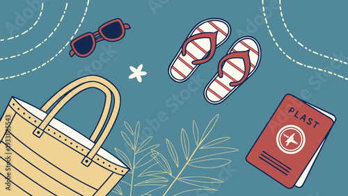 Summer vacation items including bag, flip flops, sunglasses and passport beach travel