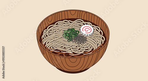 Japanese Soba Noodles in Wooden Bowl