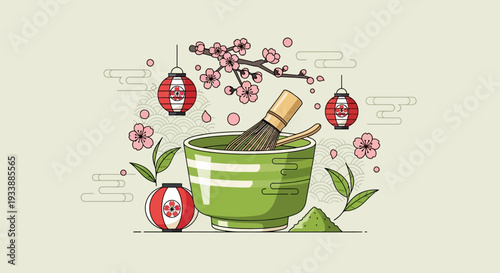 Matcha Tea Ceremony Set with Cherry Blossoms and Lanterns