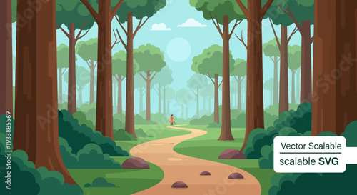 Man Walking on Forest Path Surrounded by Tall Trees