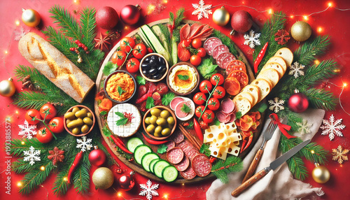 Christmas-Themed Mediterranean Charcuterie Spread on Red Background with Festive Decor