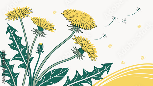 Dandelion flowers with green leaves and dragonflies flying in the air outside