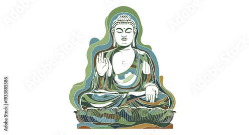 Meditating Buddha Statue with Abstract Green and Blue Waves