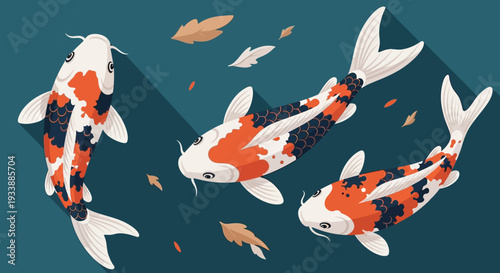Three Koi Fish Swimming in Water with Falling Leaves