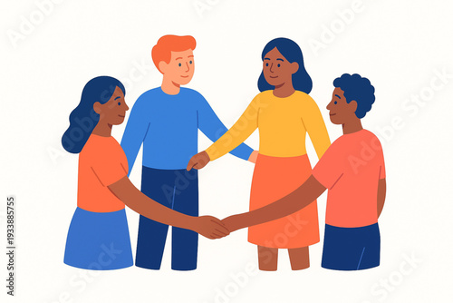 A flat vector illustration of a diverse group of four people standing in a circle, holding hands and interlocking arms. The design uses vibrant, solid colors to represent unity, teamwork, 