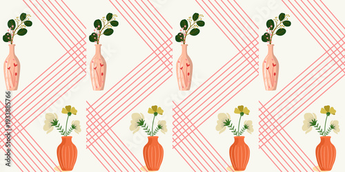 Seamless vector illustration of an abstract pink floral pattern with cartoon hearts and festive cake icons for a decorative holiday wallpaper design