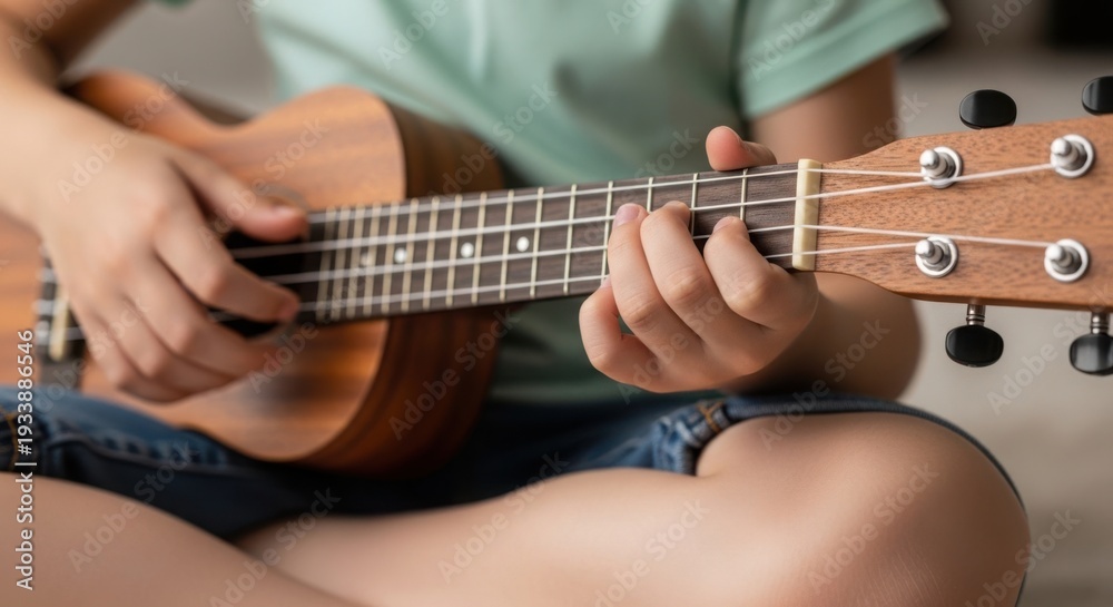 Fototapeta premium Child playing ukulele, focusing on hands strumming strings and fingers pressing frets. Little musician playing ukulele, learning chords and creating melodies.