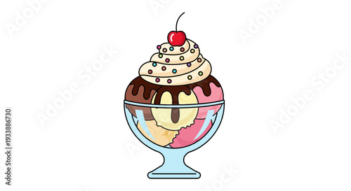 Delicious Ice Cream Sundae with Chocolate Drizzle, Whipped Cream, Sprinkles, and Cherry on Top in a Glass Bowl