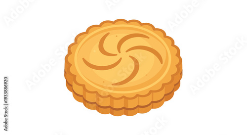 Round golden biscuit with a swirling pattern on top and a fluted edge, isolated on a white background