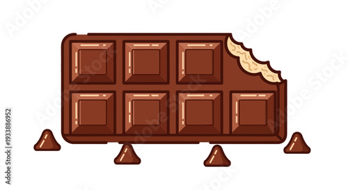 A delightful vector illustration featuring a partially bitten chocolate bar, showcasing its inviting texture and accompanied by scattered chocolate chips, perfect for sweet treat concepts