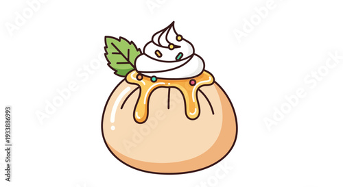 Charming cartoon illustration of a sweet dessert bun topped with fluffy whipped cream, colorful sprinkles, a fresh mint leaf, and golden syrup, a delightful confectionary graphic